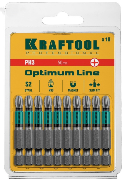 KRAFTOOL Бита Optimum Line, Е 1/4", 50 мм, PH3 26122-3-50-10 4727061 - фото 29609