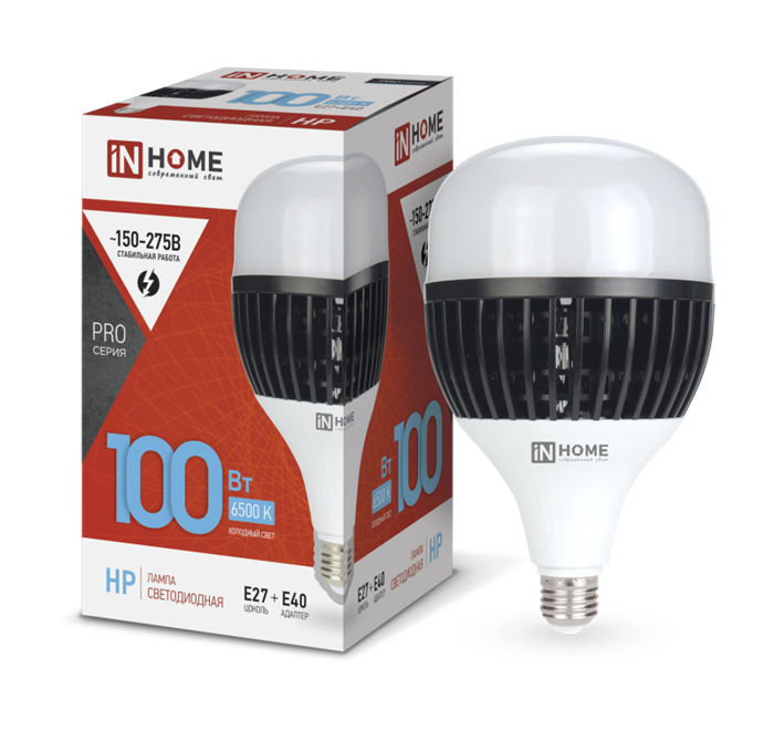 IN HOME Лампа светодиодная LED-HP-PRO 100Вт 230В E27 с адаптером Е40 6500К 9500Лм 4690612035697 - фото 29692