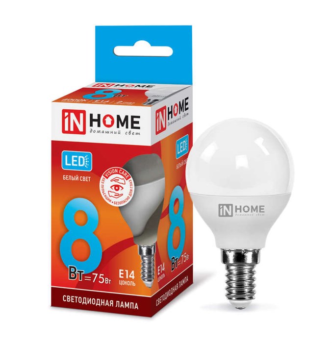 IN HOME Лампа светодиодная LED-Шар-VC 8Вт шар 4000К нейтр. бел. E14 720лм 230В 4690612020556 - фото 29942