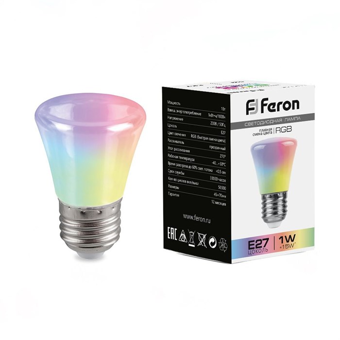 Feron Лампа светодиодная, (1W) 230V E27 RGB C45, LB-372 38117 - фото 30488