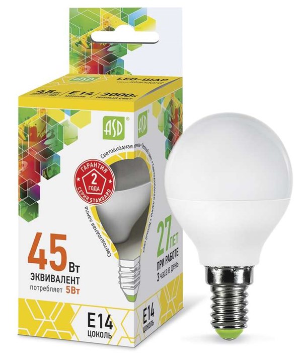 ASD Лампа светодиодная LED-шар-standard 5Вт шар 3000К тепл. бел. E14 450лм 160-260В 4690612002125 - фото 31017