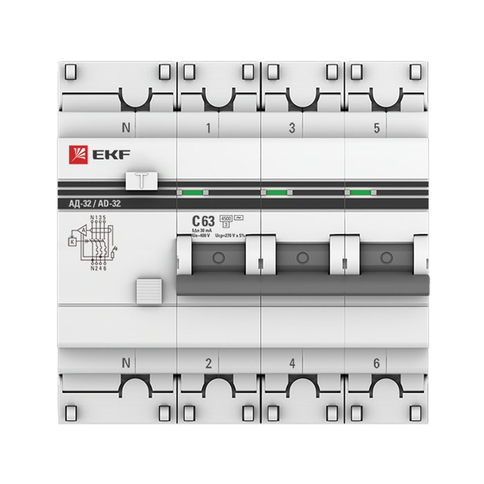 EKF PROxim Выключатель авт. диф. тока 3п+N C 63А 30мА тип AC 4.5кА АД-32 DA32-63-30-4P-pro - фото 32132