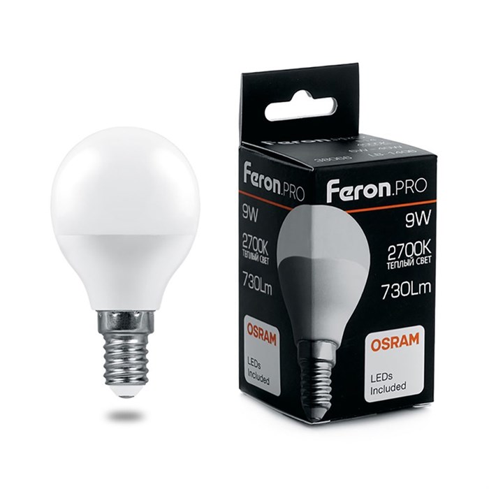 Feron.PRO Лампа светодиодная LB-1409 Шарик E14 9W 2700K OSRAM LED 38077 - фото 32627