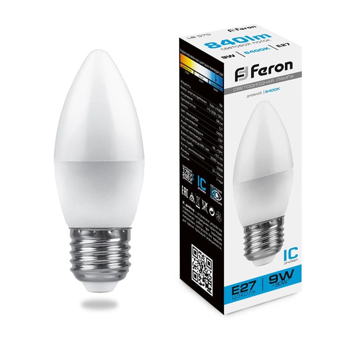 Feron Лампа светодиодная свеча (9W) 230V E27 6400K, LB-570 25938 - фото 33244