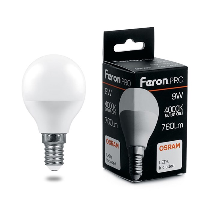 Feron.PRO Лампа светодиодная LB-1409 Шарик E14 9W 4000K OSRAM LED 38078 - фото 34359