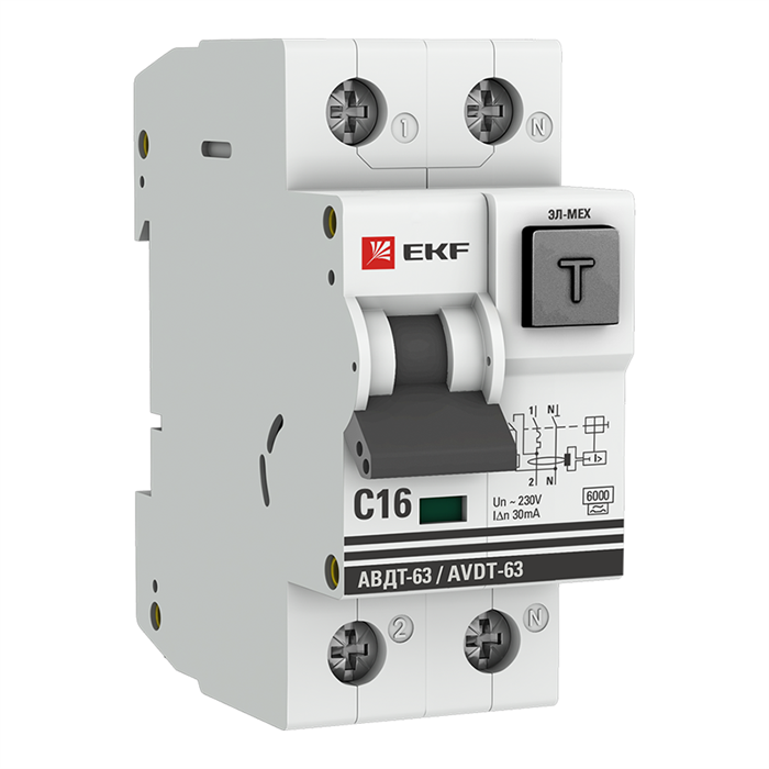 EKF PROxima Дифференциальный автомат АВДТ-63 16А/30мА (характеристика C, эл-мех, тип А) 6кА DA63-16-30 - фото 36748