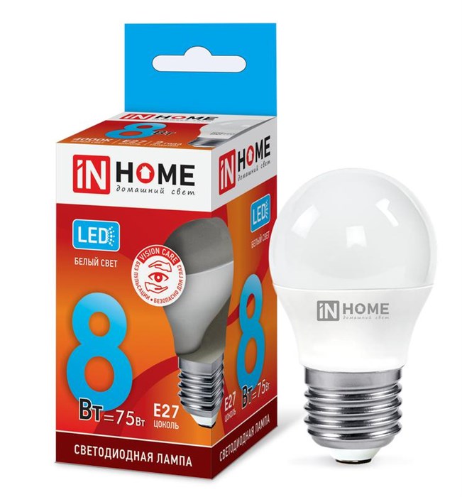 IN HOME Лампа светодиодная LED-Шар-VC 8Вт шар 4000К нейтр. бел. E27 720лм 230В 4690612020570 - фото 37247