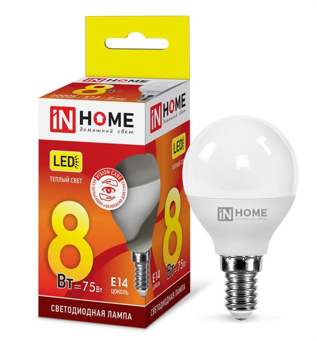 IN HOME лампа 8Вт 3000К E14 230В LED-ШАР-VC 720лм 4690612020549 - фото 38350