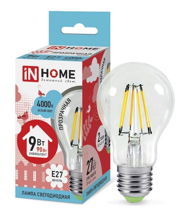 IN HOME Лампа светодиодная LED-A60-deco 9Вт 230В Е27 4000К 810Лм прозрачная 4690612008073 - фото 39683