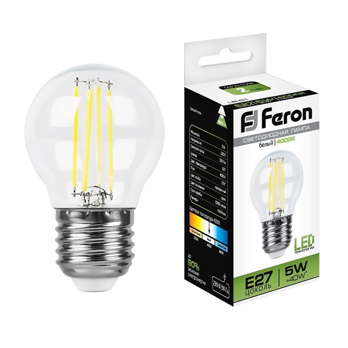 Feron Лампа светодиодная LB-61 Шарик E27 5W 4000K 25582 - фото 40498