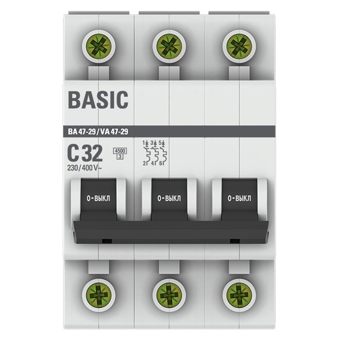 EKF Basic Выключатель автоматический модульный 3п C 32А 4.5кА ВА 47-29 mcb4729-3-32C - фото 40838