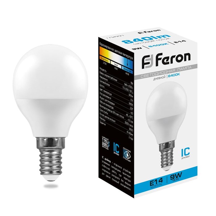 Feron Лампа светодиодная, (9W) 230V E14 6400K G45, LB-550 25803 - фото 41227