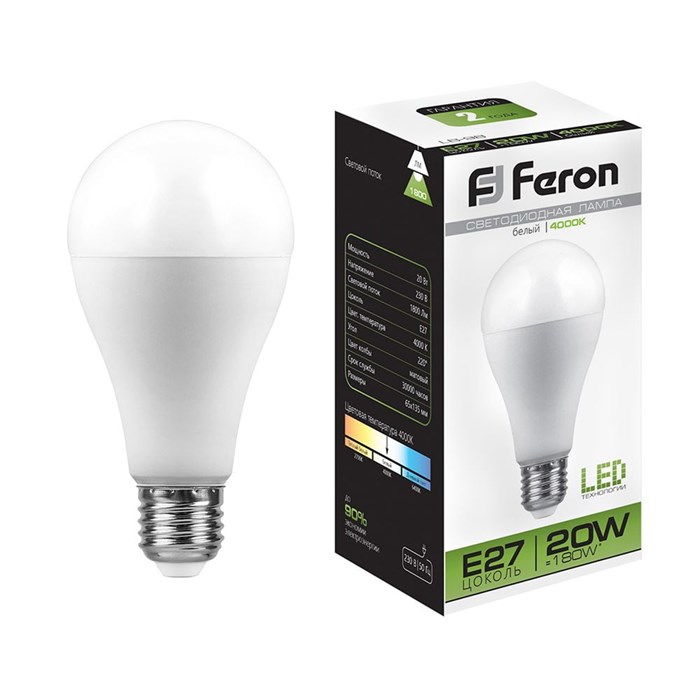 FERON Лампа светодиодная, (20W) 230V E27 4000K A65, LB-98 25788 - фото 41261