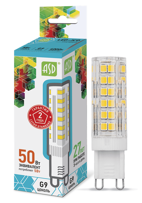 ASD лампа G9 5W 4000K LED-JCD-standard 160-260V 450lm дневной белый 4690612004631 - фото 41269