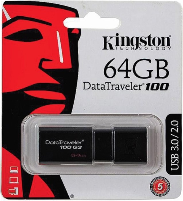 Kingston Флешка DataTraveler 100 G3 64ГБ USB3.0 черный 21549 - фото 41352