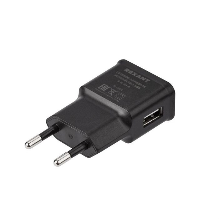 REXANT Сетевое зарядное устройство USB, 5V, 2.1 A, черное 16-0274 - фото 44839