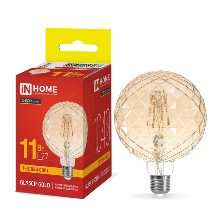 IN HOME Лампа светодиодная LED-GL95СR-deco gold 11Вт 230В E27 3000K 1040Лм 95мм кристалл золотистая 4690612056067 - фото 45971