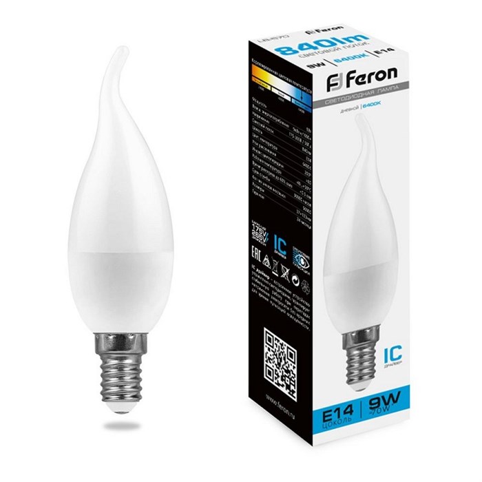 FERON Лампа светодиодная LB-570 свеча на ветру E14 9W 6400K 38136 - фото 46087