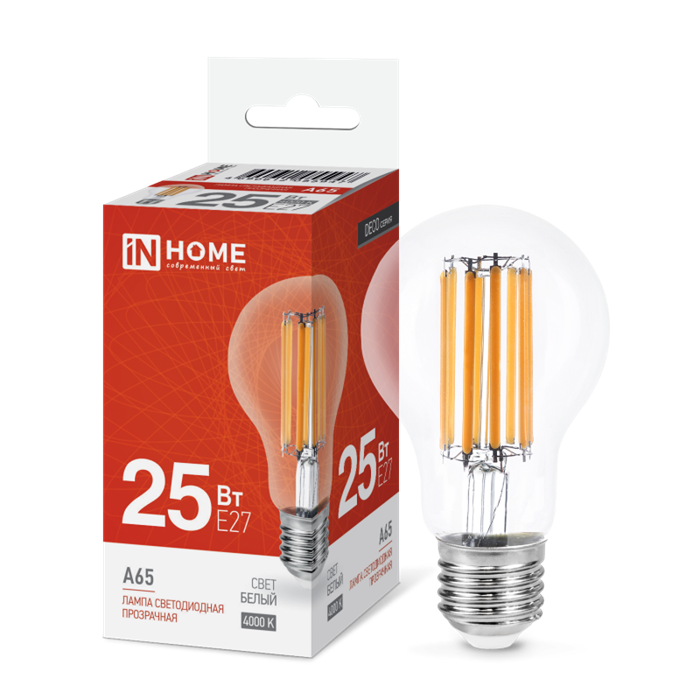 IN HOME Лампа светодиодная LED-A65-deco 25Вт 230В Е27 4000К 2480Лм прозрачная 4690612055947 - фото 46521