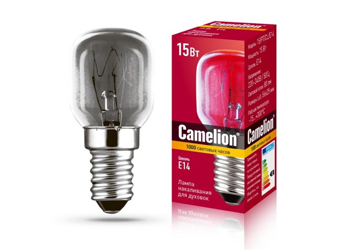 CAMELION лампа накаливания для духовок (+300°С) E14 15W 220V прозрачная 15/PT/CL/E14 14990 - фото 46608