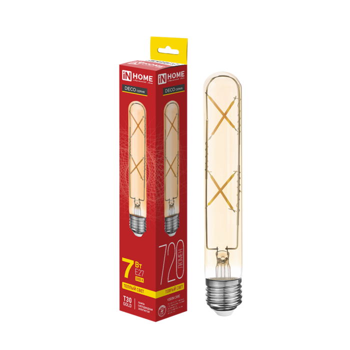 IN HOME Лампа светодиодная LED-T30-deco gold 7Вт 230В Е27 3000К 720Лм 185мм золотистая 4690612050867 - фото 47211