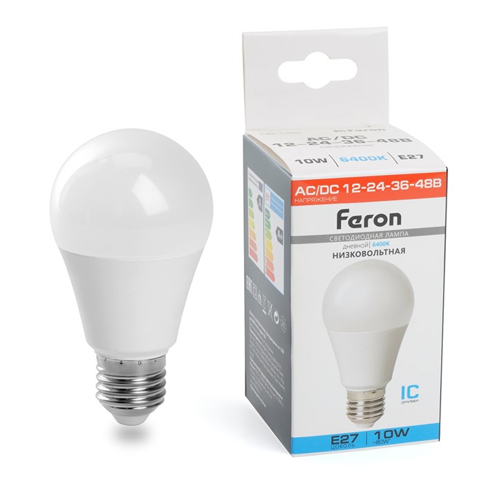 Feron Лампа светодиодная низковольтная, (10W) 12-48V E27 6400K A60, LB-192 48732 - фото 47337