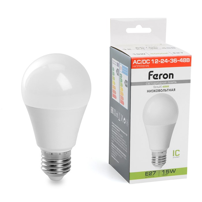 Feron Лампа светодиодная низковольтная, (15W) 12-48V E27 4000K A60, LB-194 48730 - фото 47339