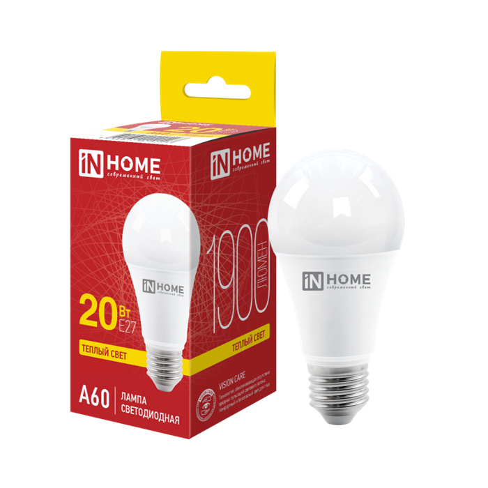 IN HOME Лампа светодиодная 20Вт 3000К E27 230В LED-A60-VC 1900lm 4690612020297