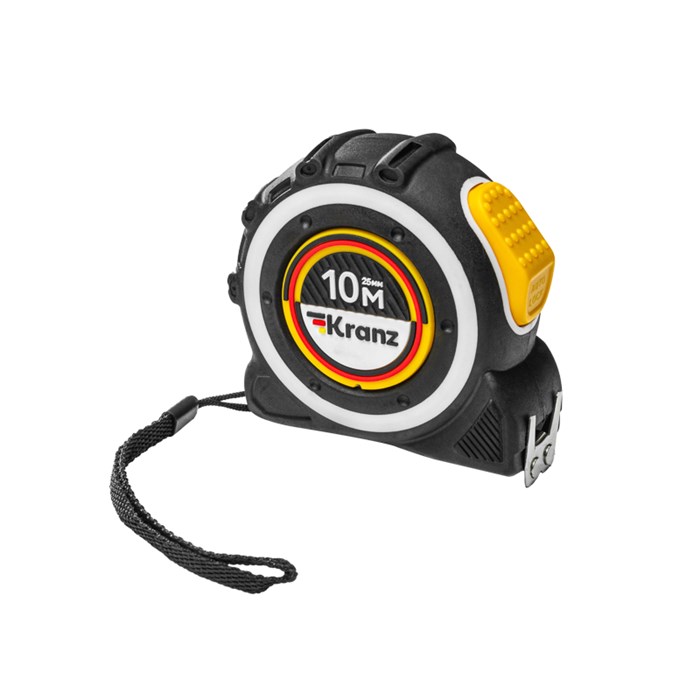 KRANZ Рулетка Selbstfixierung, 10м x 25мм, магнитный двухсторонний зацеп, нейлон, двухсторонняя шкала, автоматическая фиксация KR-12-9024