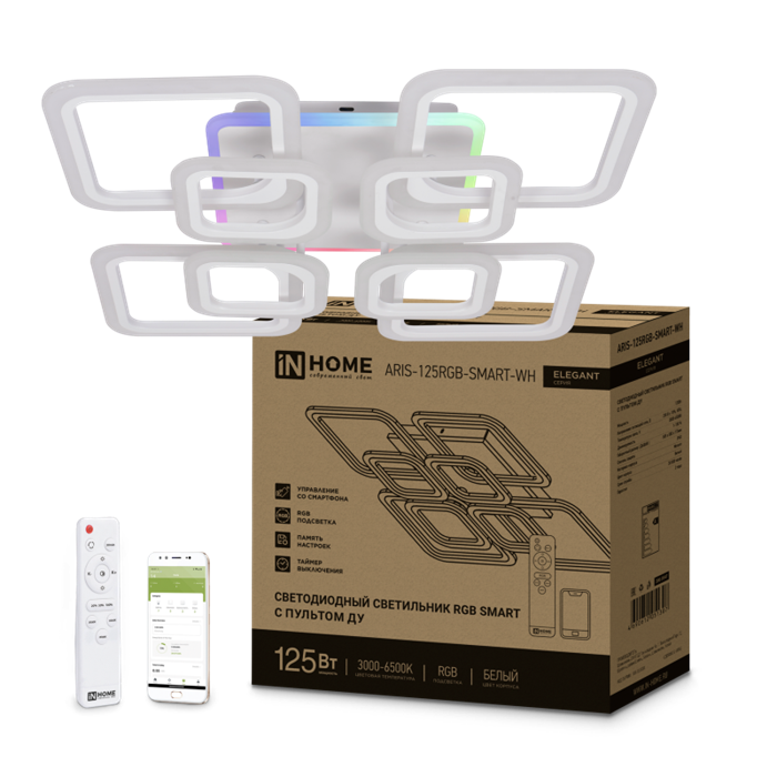 IN HOME Светильник светодиодный ELEGANT ARIS-125RGB-SMART-WH 125Вт 230В 3000-6500K 8800Лм 585х585х115мм пульт ДУ белый 4690612051307