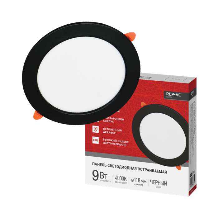 IN HOME Панель светодиодная встраиваемая круглая RLP-VC 940BL 9Вт 230В 4000К 630Лм 118мм черная IP40 4690612063744