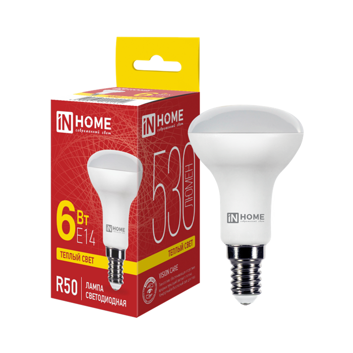 IN HOME Лампа светодиодная LED-R50-VC 6Вт 230В Е14 3000К 530Лм 4690612024240