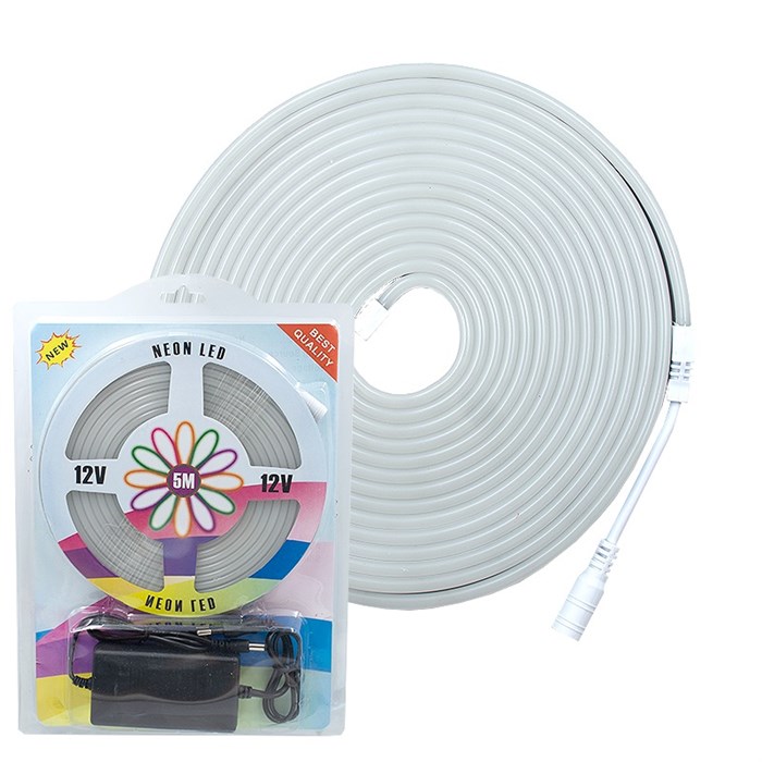 Лента led неоновая 12V с блоком питания 5м белая 3000К 5х11мм блистер 11-0528