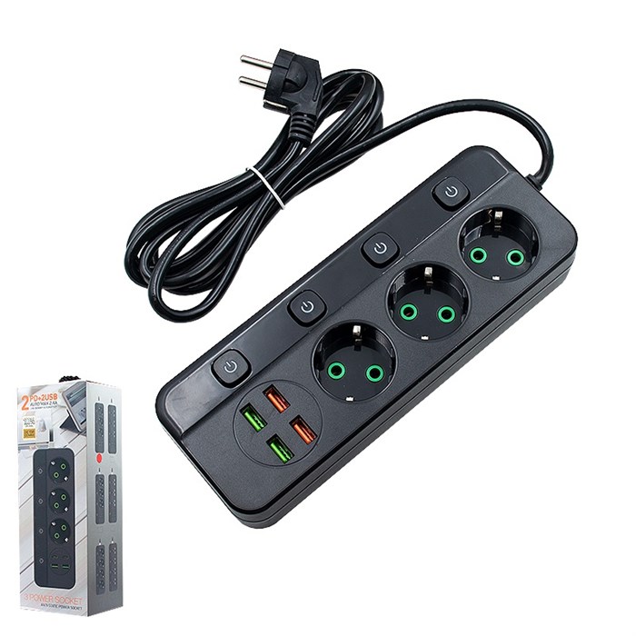 Удлинитель BLACK green T-U04 2м с индивидуальными выключателями 4-USB T-U04-2M