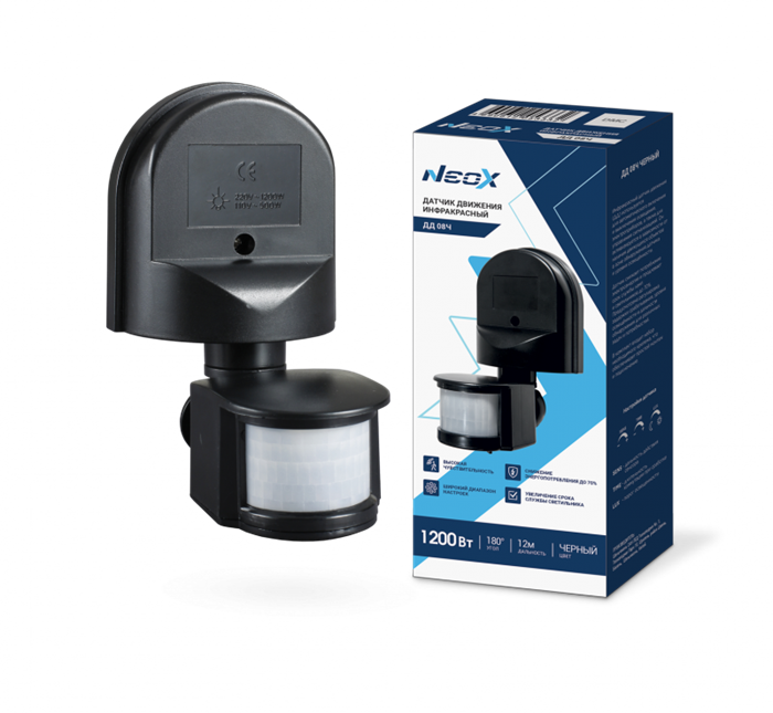 NEOX Датчик движения инфракрасный ДД 08Ч 1200Вт 180 гр.12м IP44 черный 4690612053332
