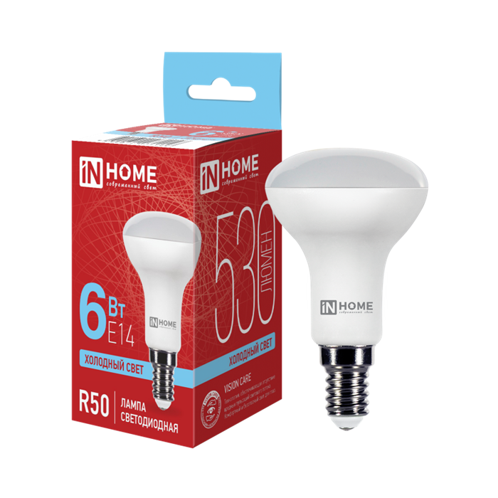 IN HOME Лампа светодиодная LED-R50-VC 6Вт 230В Е14 6500К 530Лм 4690612031156