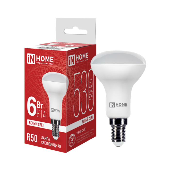 IN HOME Лампа светодиодная LED-R50-VC 6Вт 230В Е14 4000К 530Лм 4690612024264