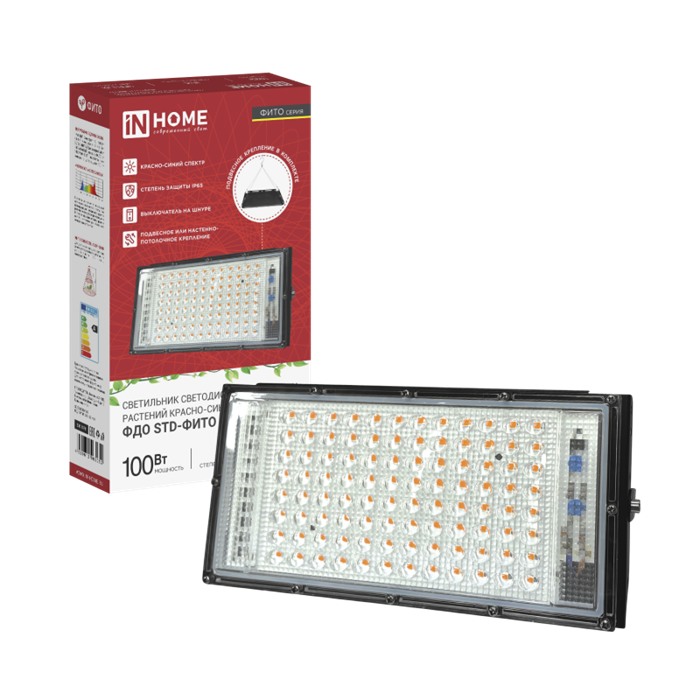IN HOME Прожектор светодиодный ФДО STD-ФИТО красно-синий спектр 100Вт IP65 черный 4690612065052