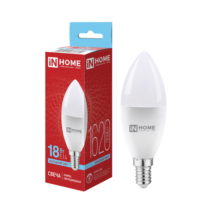 IN HOME Лампа светодиодная LED-СВЕЧА-VC 18Вт 230В E14 6500K 1620Лм 4690612065311