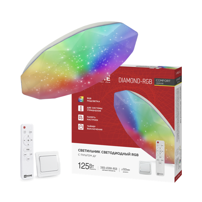 IN HOME Светильник светодиодный COMFORT DIAMOND-RGB 125Вт 230В 3000-6500K 10000Лм 500x105мм с пультом ДУ 4690612058887