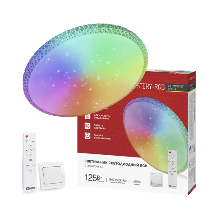 IN HOME Светильник светодиодный COMFORT MYSTERY-RGB 125Вт 230В 3000-6500K 10000Лм 500x80мм с пультом ДУ 4690612058900