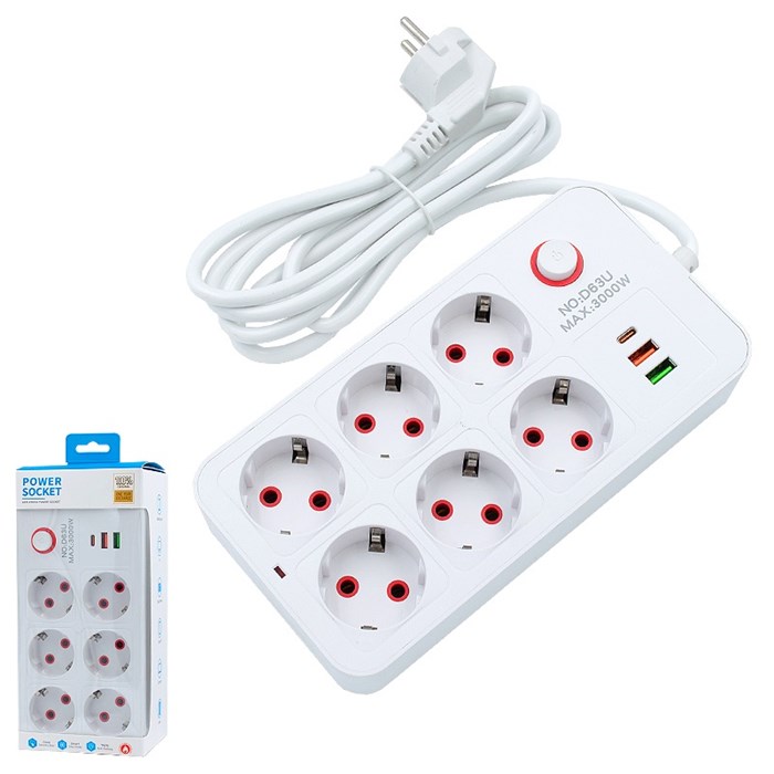 Удлинитель-фильтр с кнопкой 6-роз 3000W 2-USB+Type-C 2m D63U D63U-2M