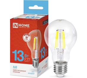 IN HOME Лампа светодиодная LED-A60-deco 13Вт 230В Е27 6500К 1370Лм прозрачная 4690612035628