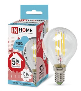 IN HOME Лампа светодиодная LED-ШАР-deco 5Вт 230В Е14 4000К 450Лм прозрачная 4690612007694