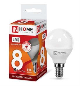 IN HOME Лампа светодиодная LED-ШАР-VC 8Вт 230В E14 6500К 720лм 4690612024882