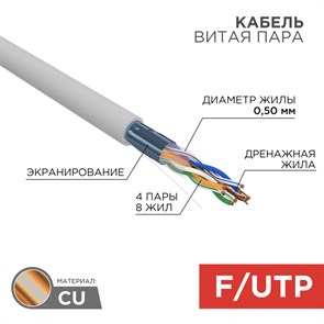 REXANT Кабель витая пара F/UTP, CAT 5e, PVC, 4PR, 24AWG, INDOOR, SOLID, серый, 305м, РФ 01-0143-R