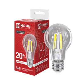 IN HOME Лампа светодиодная LED-A60-deco 20Вт 230В Е27 4000К 1890Лм прозрачная 4690612055923