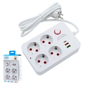 Удлинитель-фильтр с кнопкой 4-роз 3000W 2-USB+Type-C 2m D43U D43U-2M